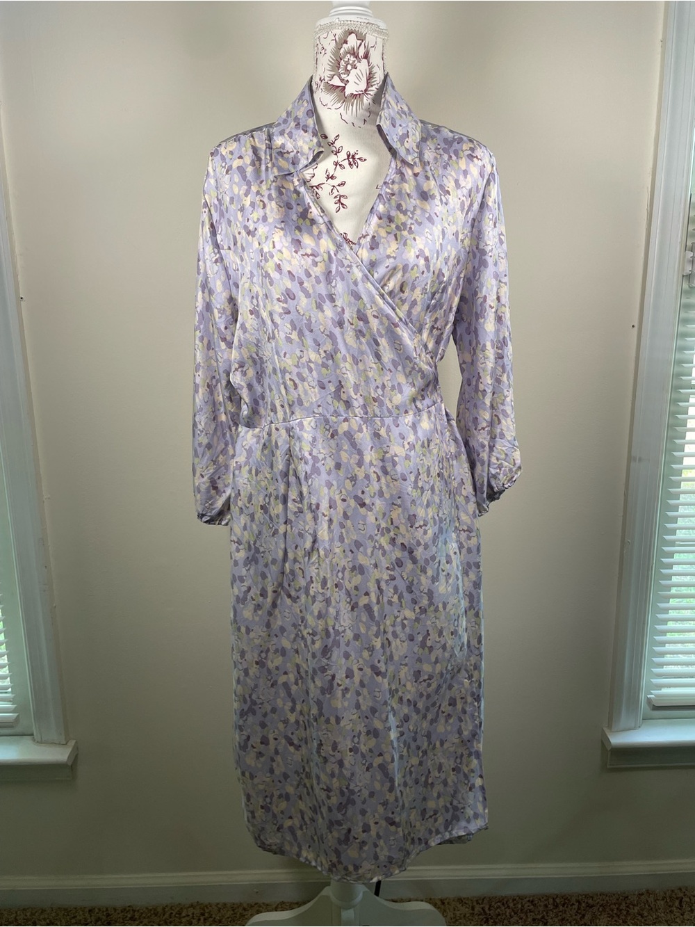 WinterSilks 100% Silk Wrap Midi Dress Pastel Floral XL